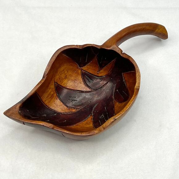 Vintage Hand Carved Wooden Leaf Shaped Bowl - Picture 1 of 7